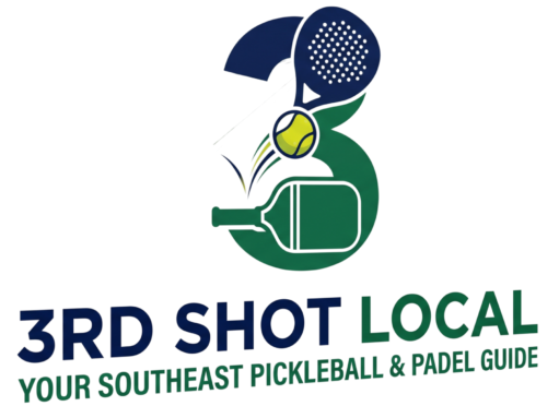 3rd Shot Local logo. A stylized number 3 featuring a blue padel racket and a green pickleball paddle with a bouncing yellow ball. The text reads 3rd Shot Local: Your Southeast Pickleball and Padel Guide.